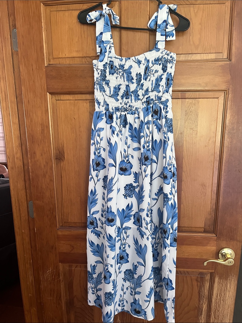 Amazon White Midi Dress with Blue Floral Print and Tie Straps